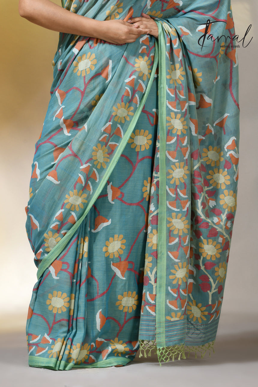 Moss green allover floral handwoven pure cotton jamdani saree