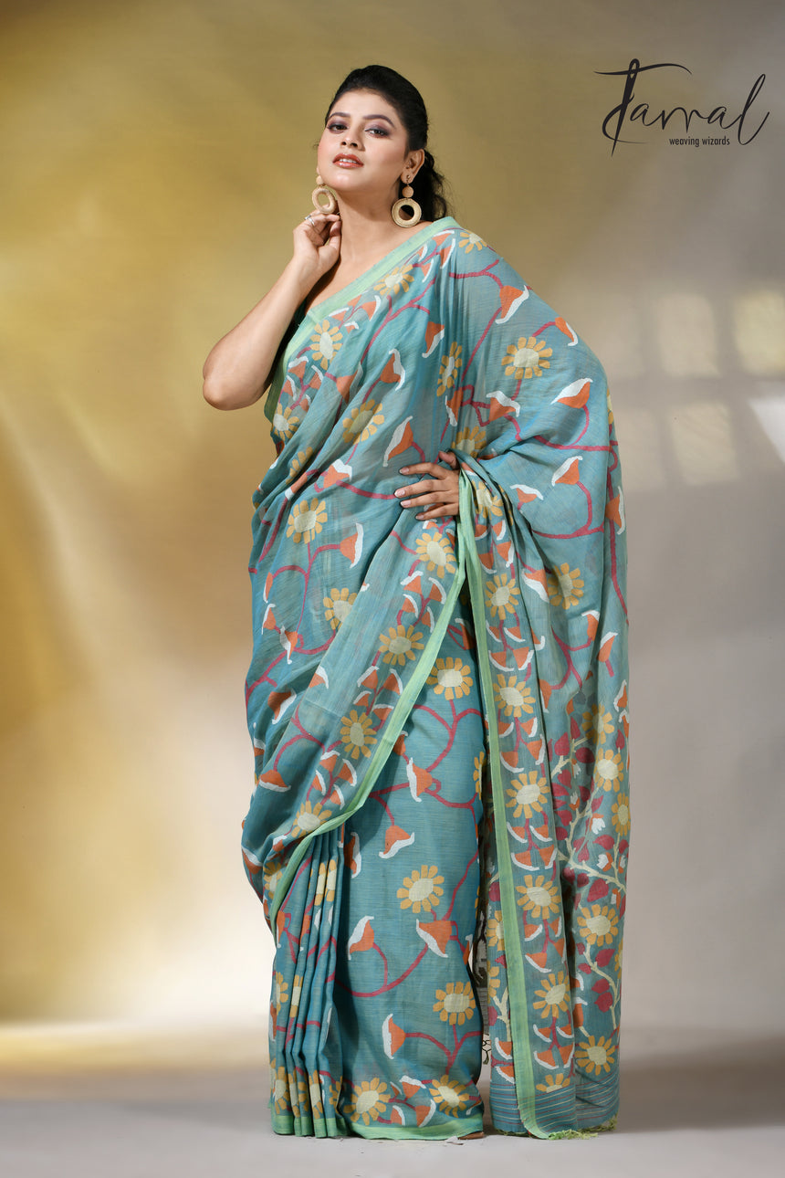 Moss green allover floral handwoven pure cotton jamdani saree