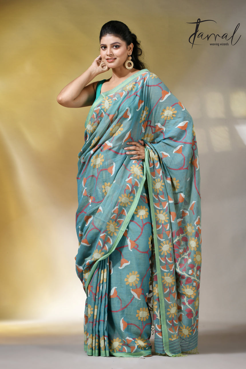 Moss green allover floral handwoven pure cotton jamdani saree