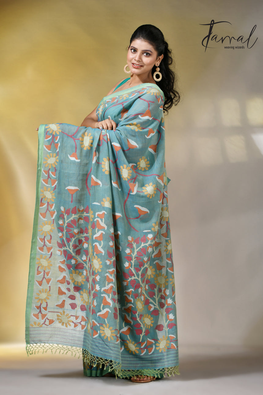 Moss green allover floral handwoven pure cotton jamdani saree