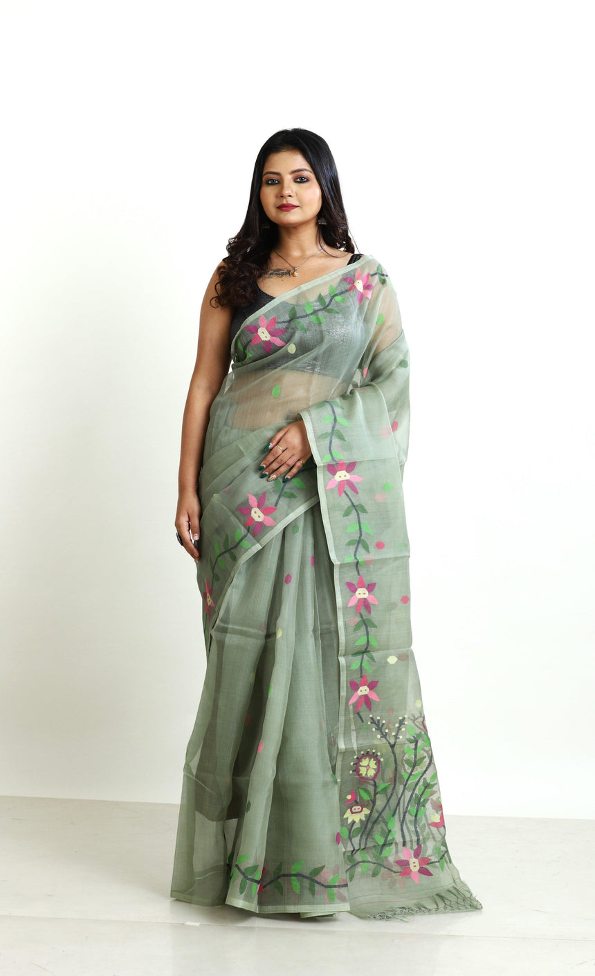 Moss green floral lata handwoven muslin silk jamdani saree - Tamal Boutique