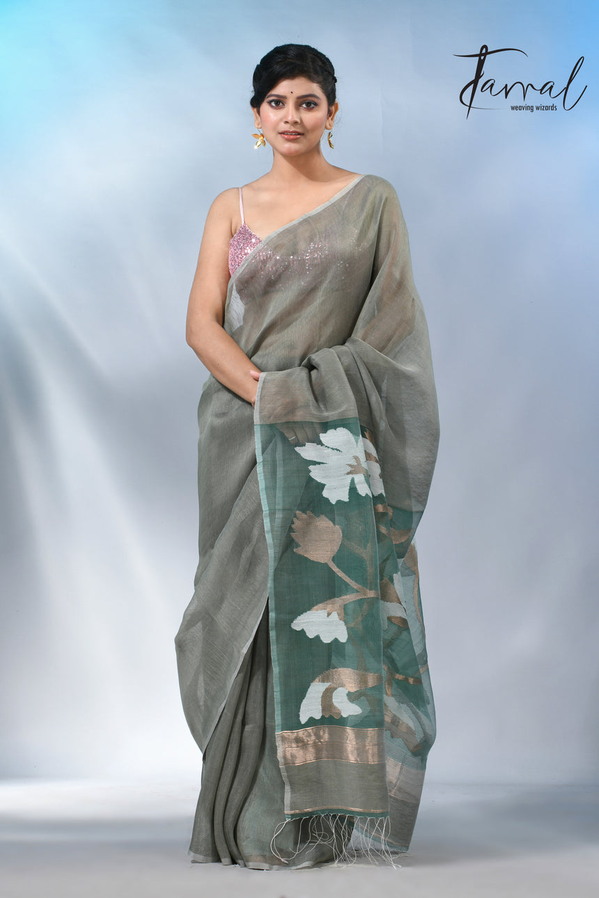 Moss green floral pallu silk linen handwoven jamdani saree