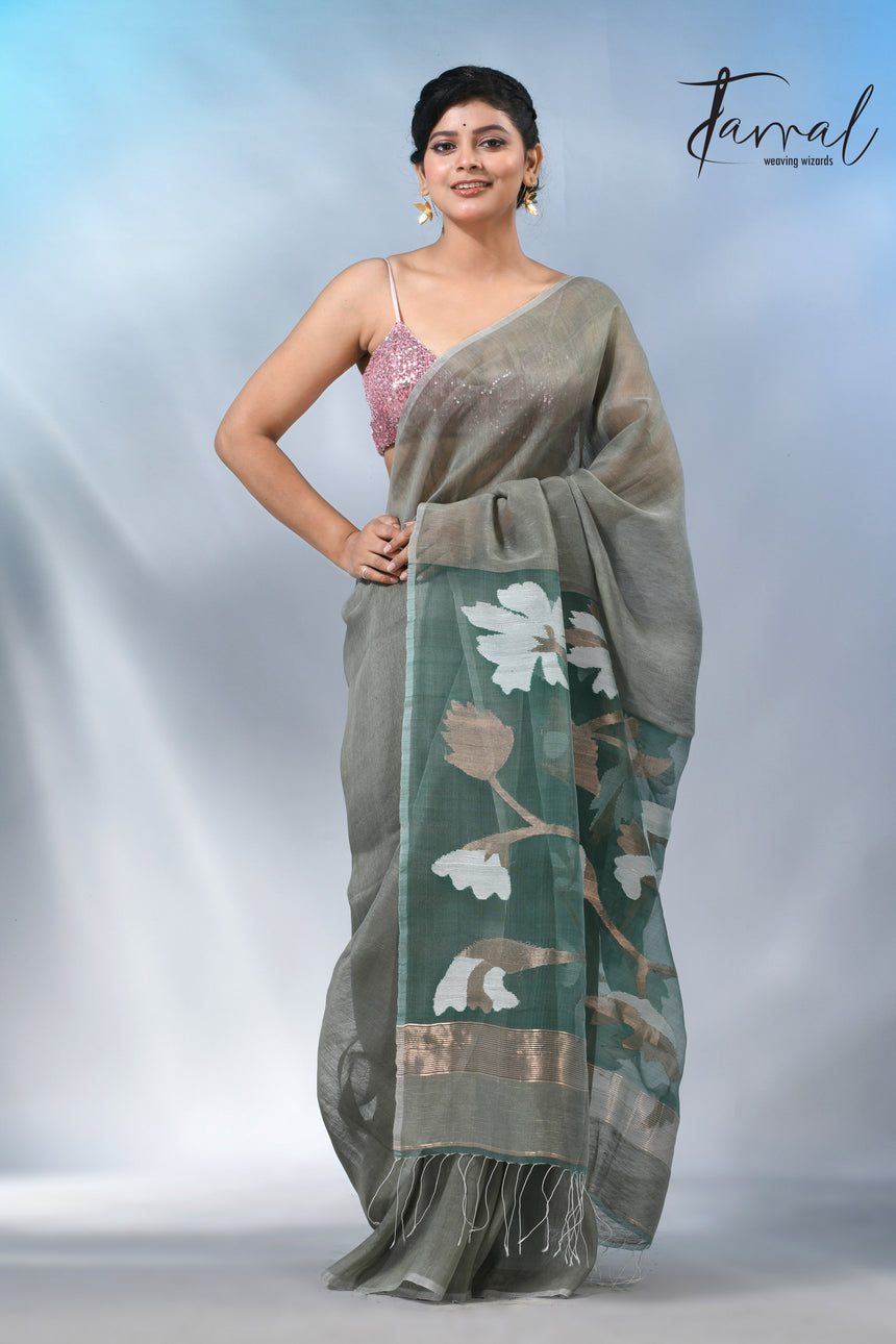 Moss green floral pallu silk linen handwoven jamdani saree
