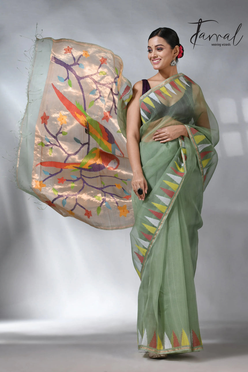 Moss_green_paithani_pure_muslin_silk_handwoven_jamdani_saree