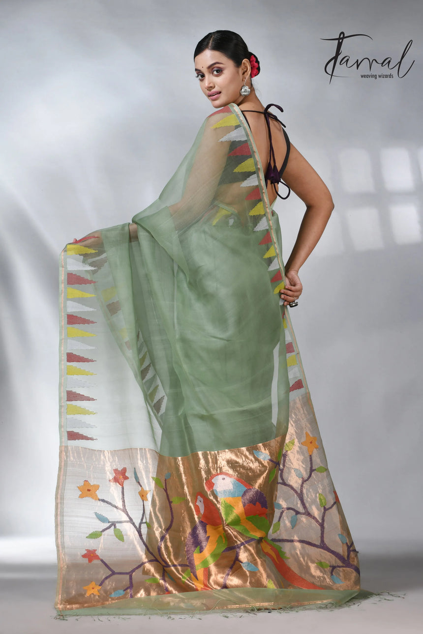 Moss_green_paithani_pure_muslin_silk_handwoven_jamdani_saree