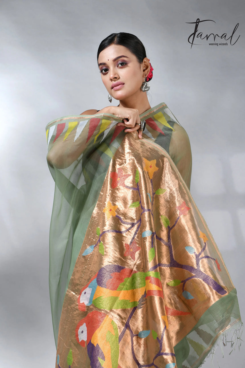 Moss_green_paithani_pure_muslin_silk_handwoven_jamdani_saree