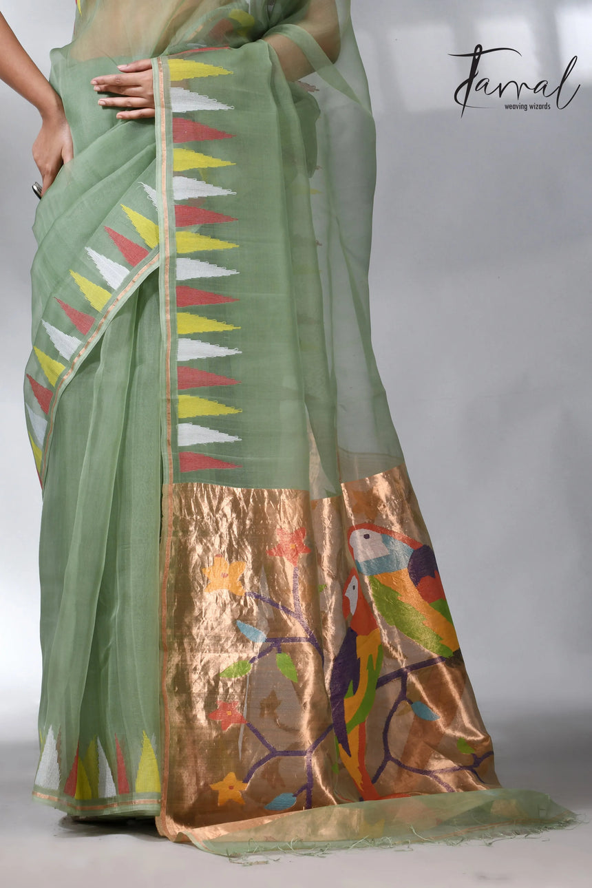 Moss_green_paithani_pure_muslin_silk_handwoven_jamdani_saree