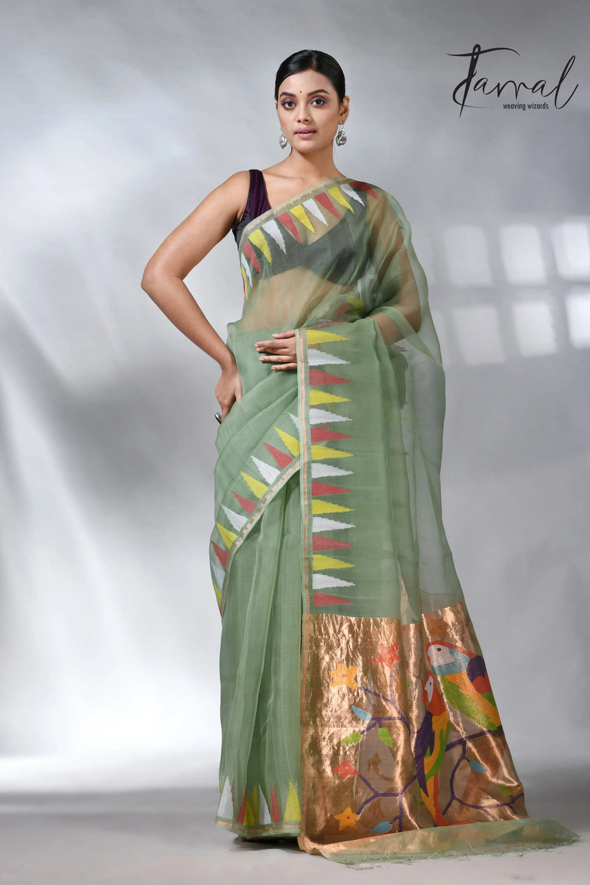 Moss_green_paithani_pure_muslin_silk_handwoven_jamdani_saree