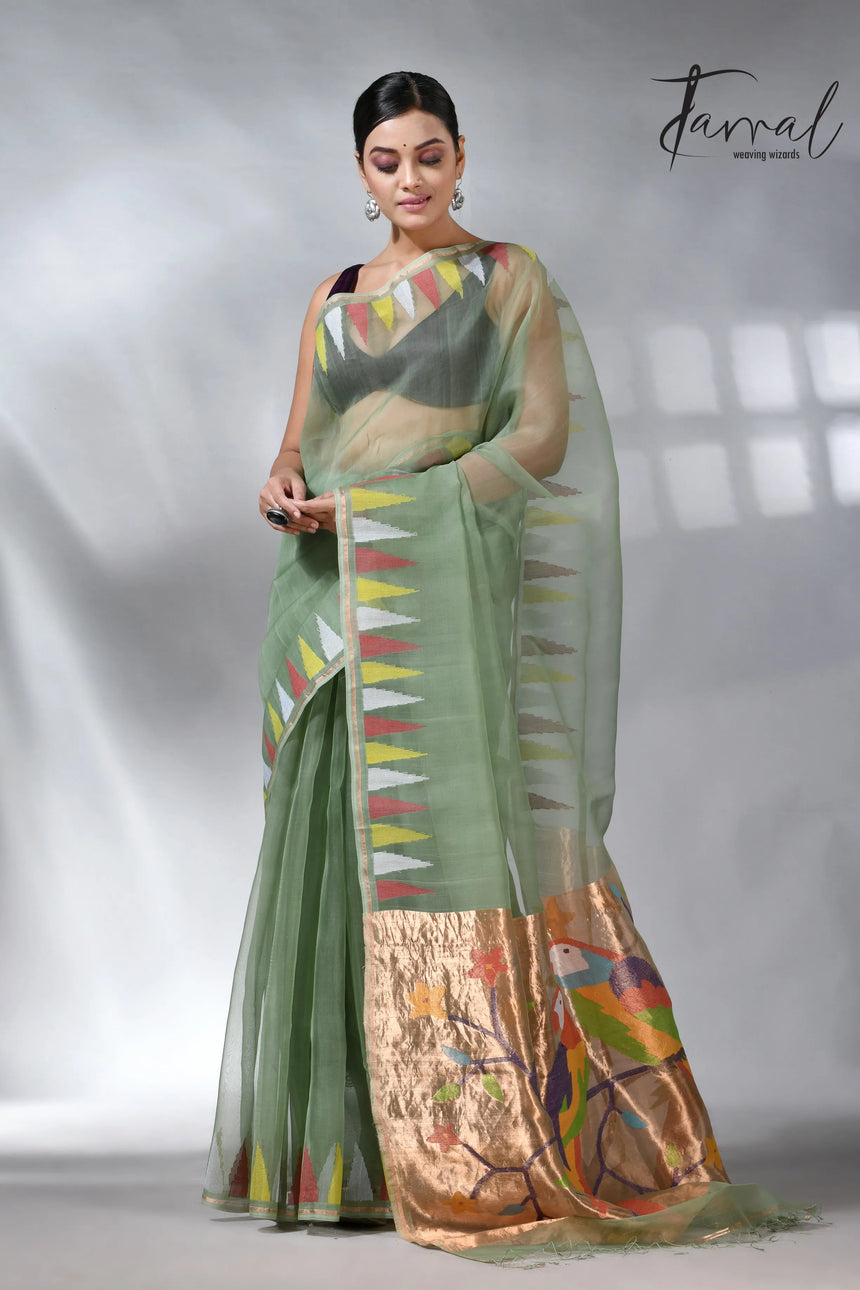 Moss_green_paithani_pure_muslin_silk_handwoven_jamdani_saree