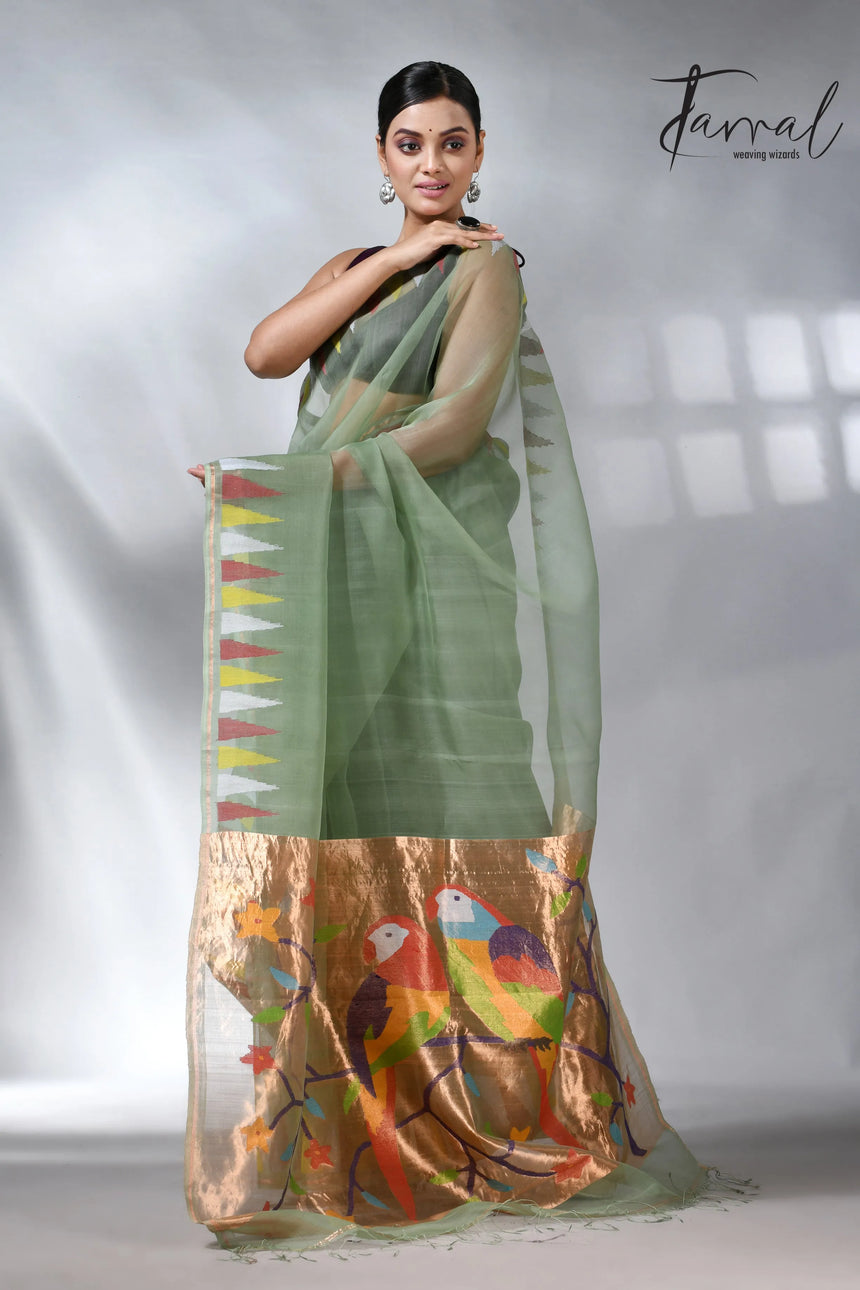 Moss_green_paithani_pure_muslin_silk_handwoven_jamdani_saree