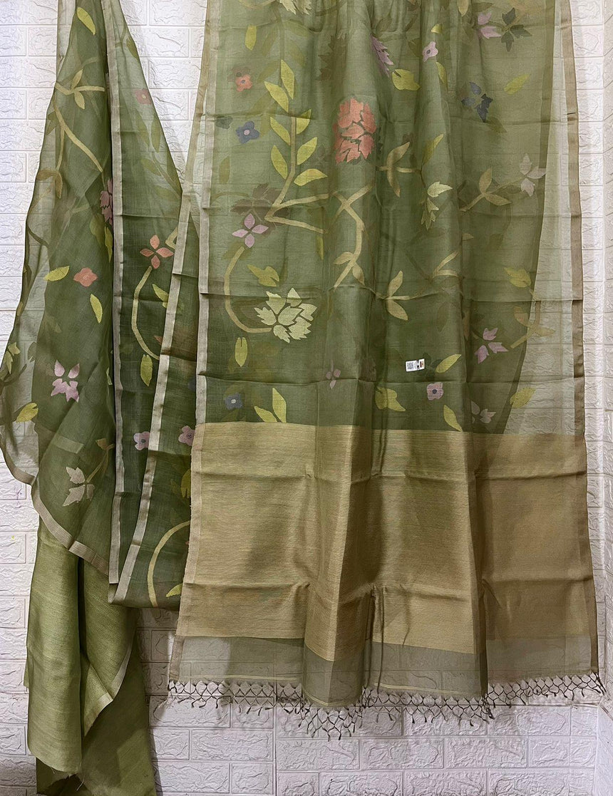 Moss green with allover floral handwoven muslin silk jamdani saree - Tamal Boutique