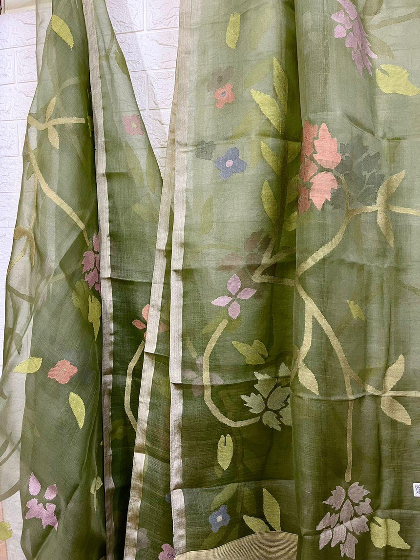 Moss green with allover floral handwoven muslin silk jamdani saree - Tamal Boutique