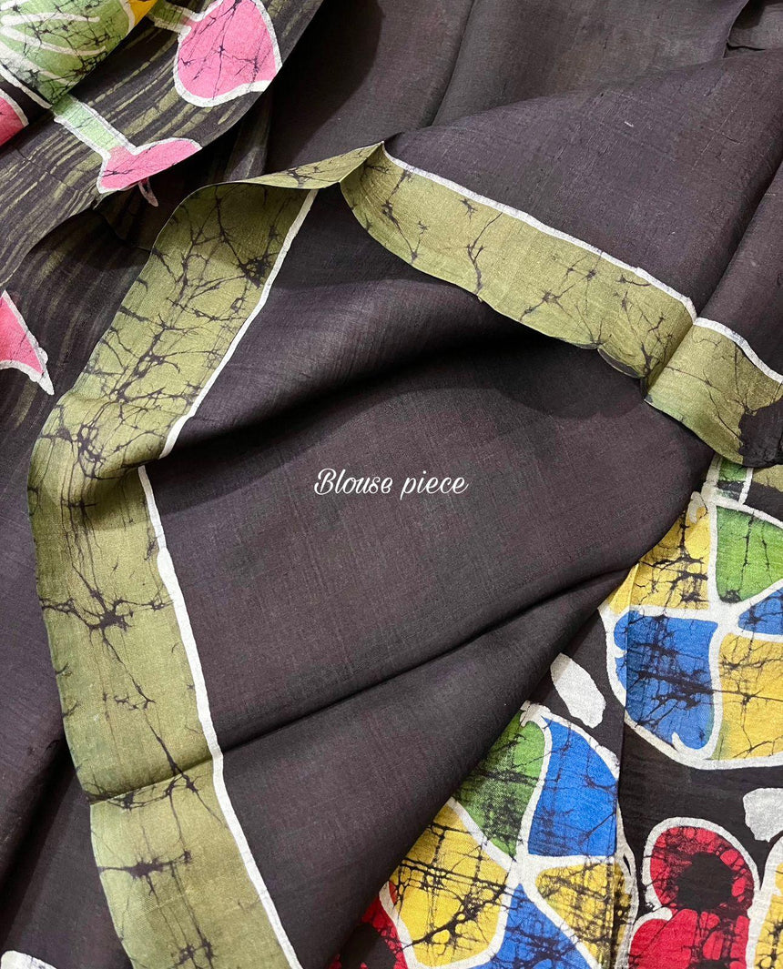 Moss green with multi colour lotus hand batik katan silk saree - Tamal Boutique