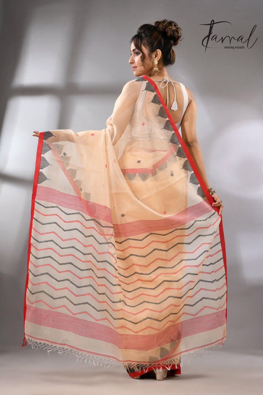 Muga Muslin Silk Red Temple Border Handwoven Needlework Jamdani Saree back