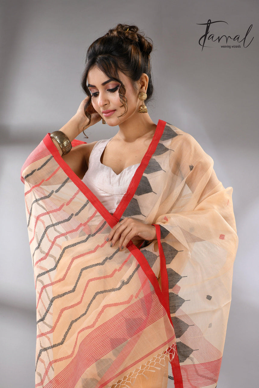 Muga Muslin Silk Red Temple Border Handwoven Needlework Jamdani Saree cls