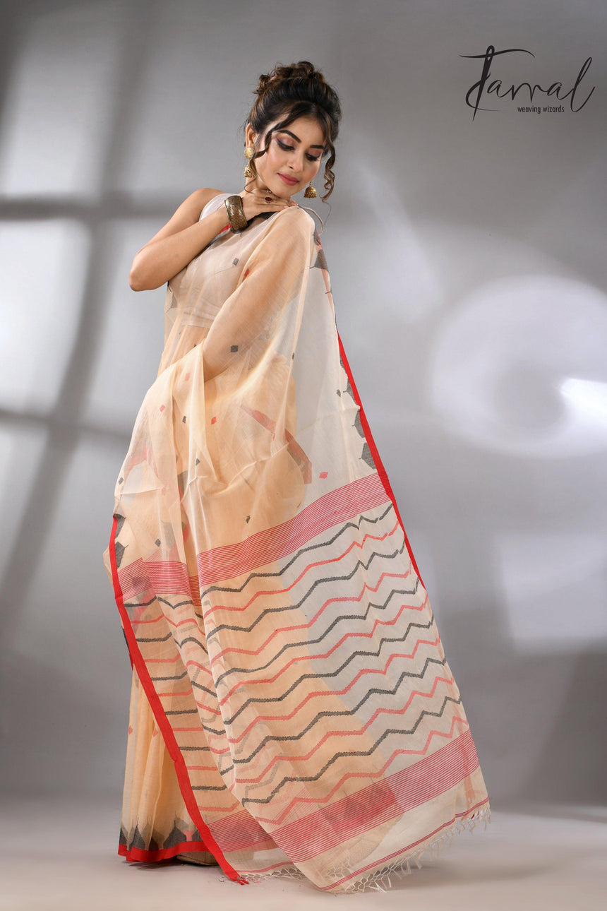 Muga Muslin Silk Red Temple Border Handwoven Needlework Jamdani Saree right