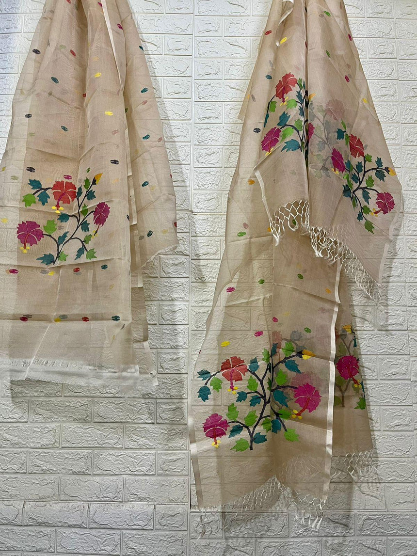 Muga with multi colour hibiscus handwoven jamadani kurti & dupatta piece - Tamal Boutique