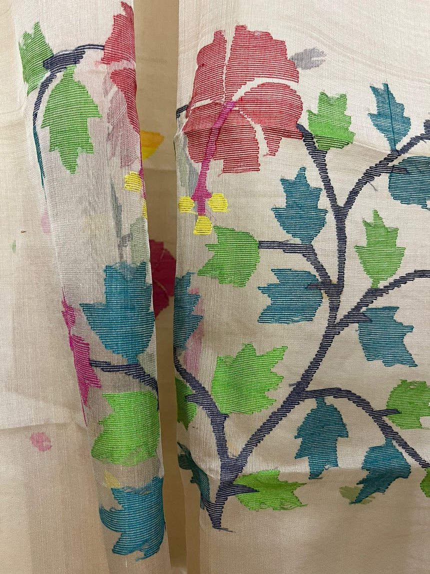 Muga with multi colour hibiscus handwoven jamadani kurti & dupatta piece - Tamal Boutique