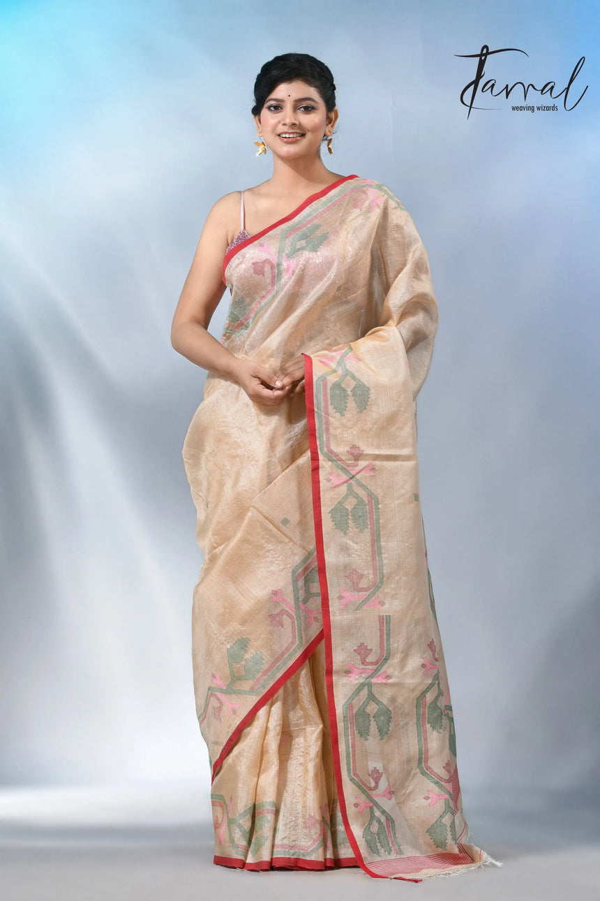 Muga with red dhakai in tusser silk handwoven jamdani saree