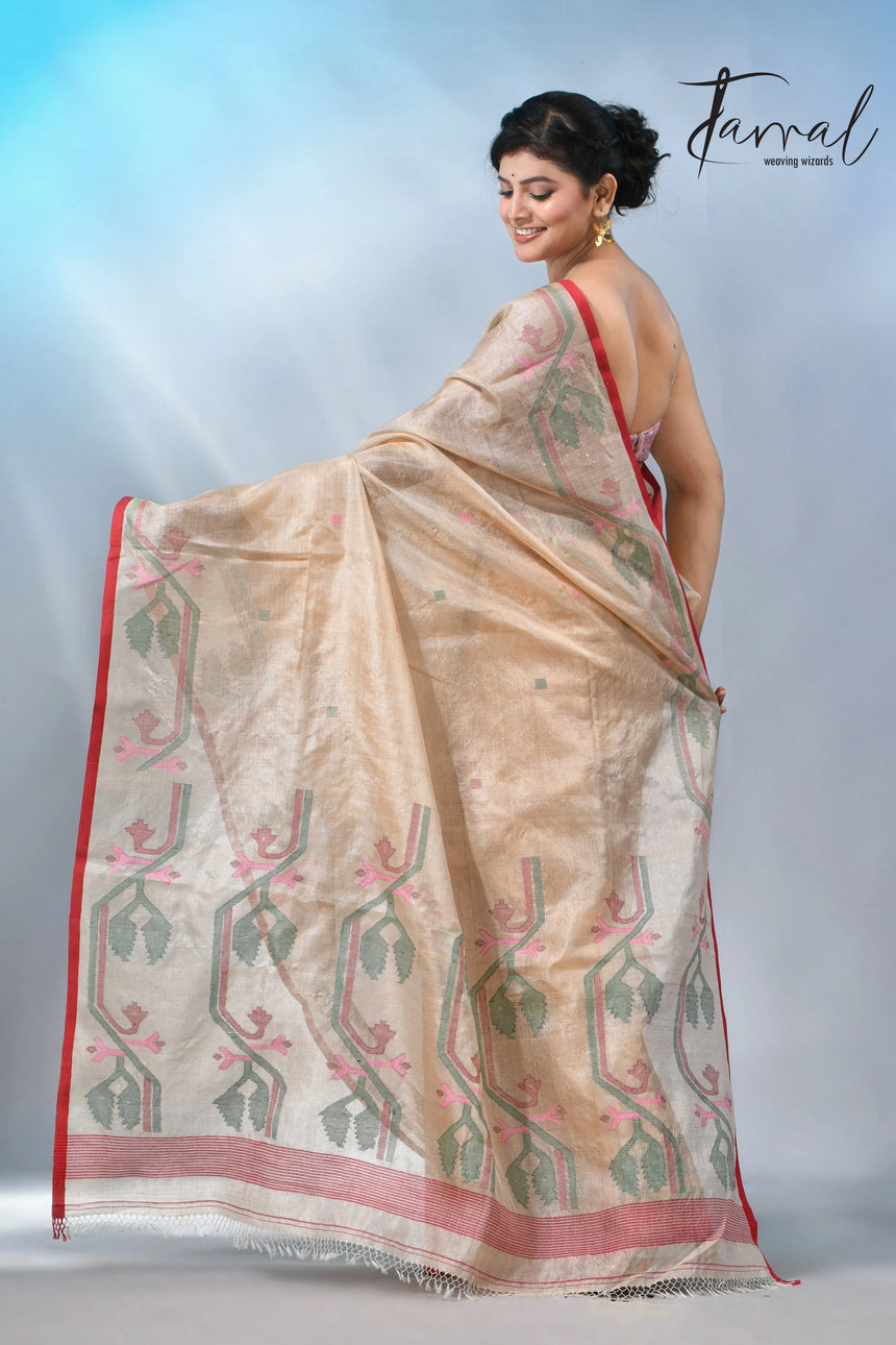 Muga with red dhakai in tusser silk handwoven jamdani saree