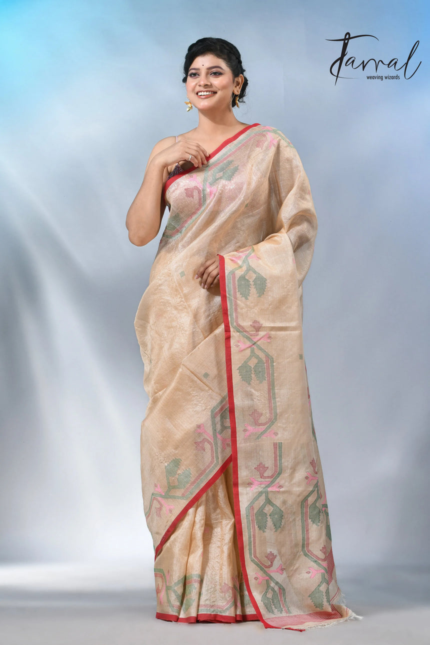 Muga with red dhakai in tusser silk handwoven jamdani saree