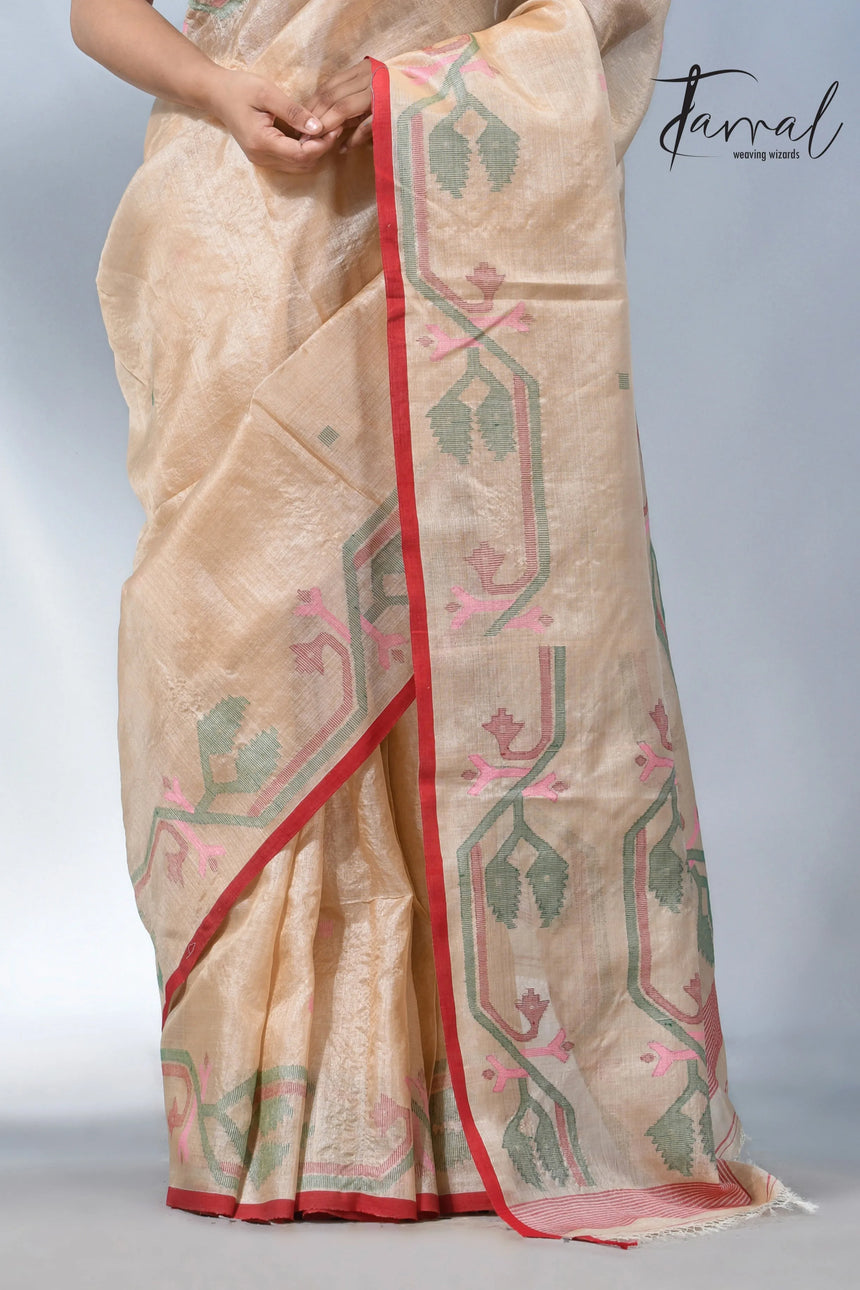 Muga with red dhakai in tusser silk handwoven jamdani saree