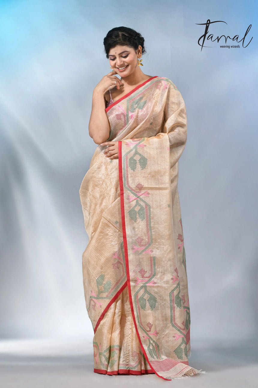 Muga with red dhakai in tusser silk handwoven jamdani saree
