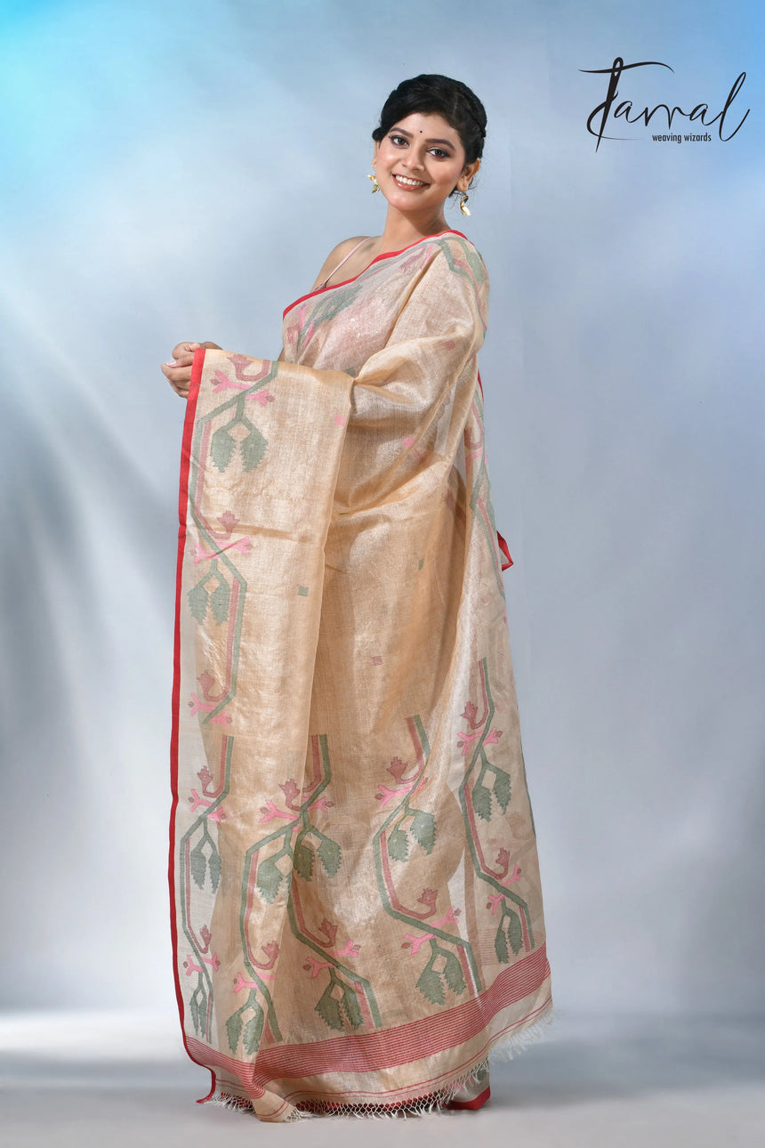Muga with red dhakai in tusser silk handwoven jamdani saree