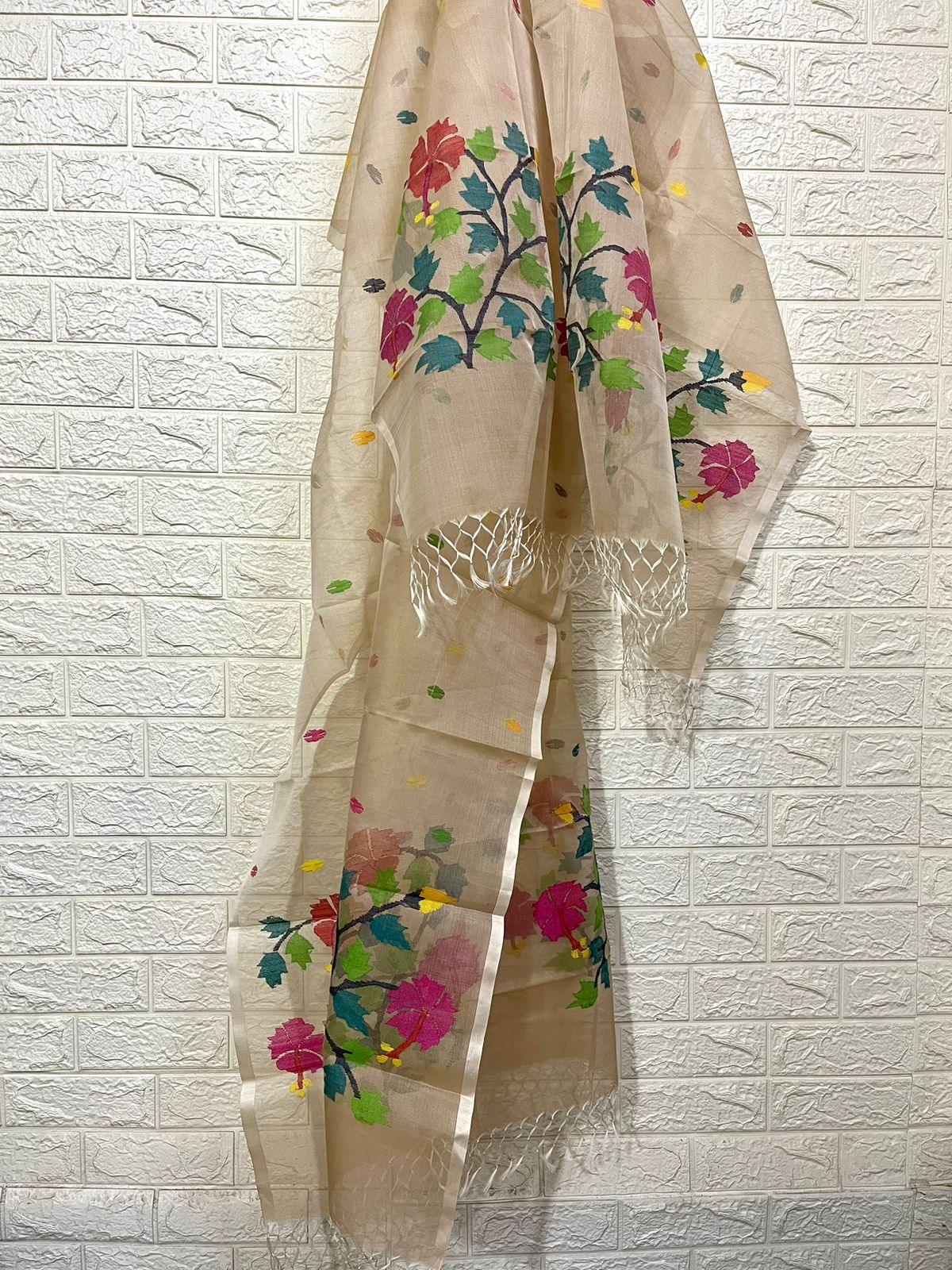 Muga with multi colour hibiscus handwoven jamadani kurti & dupatta piece - Tamal Boutique