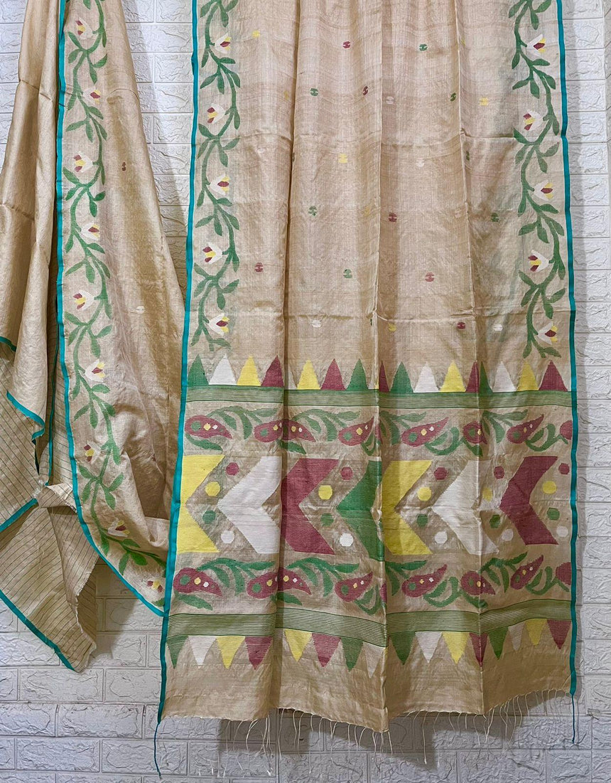 Muga with sea green floral border handwoven tussar silk saree - Tamal Boutique