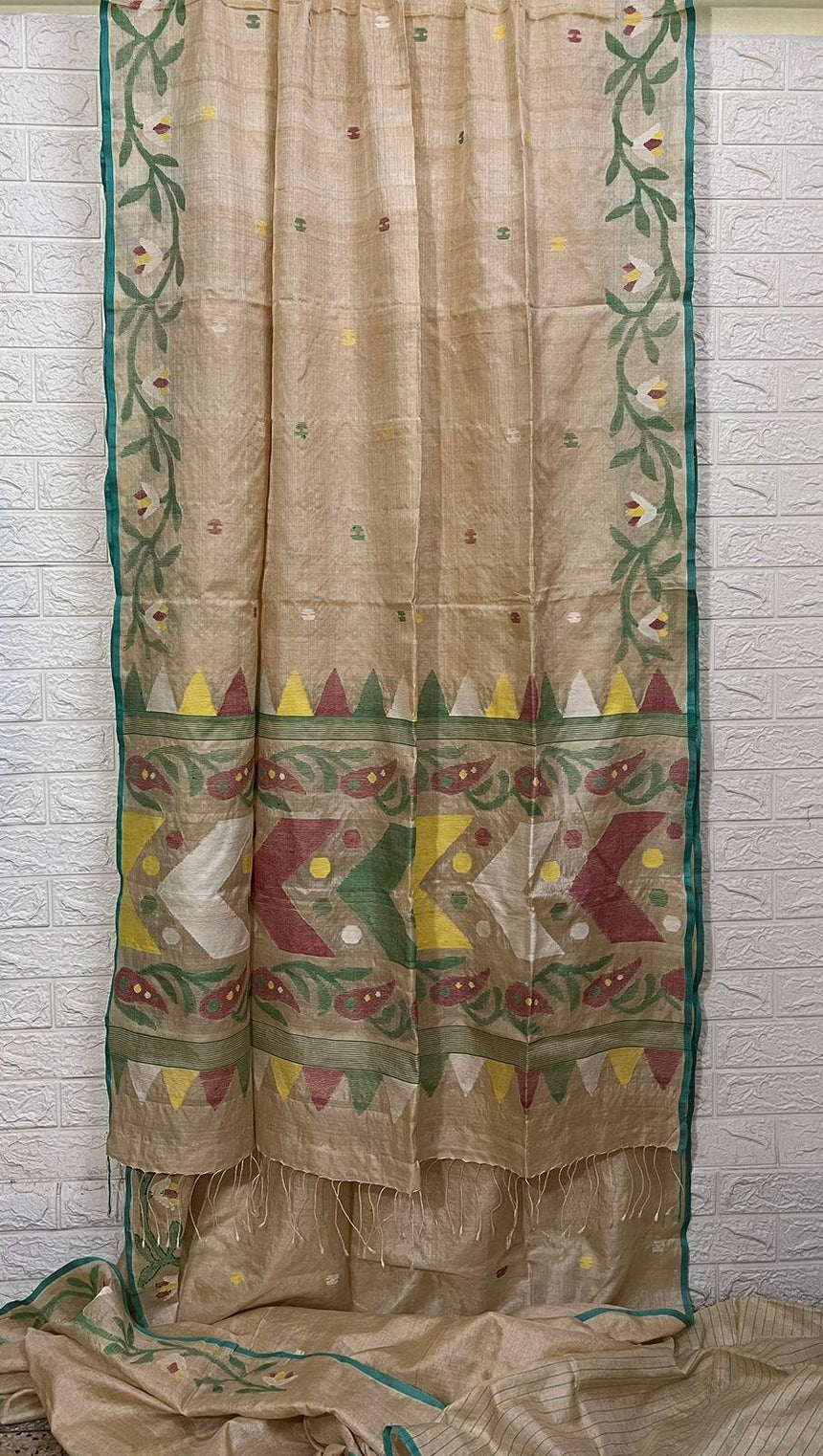 Muga with sea green floral border handwoven tussar silk saree - Tamal Boutique