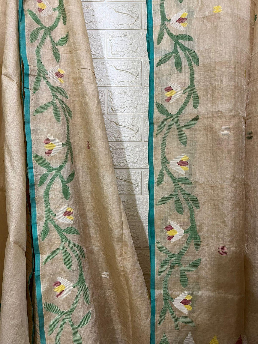 Muga with sea green floral border handwoven tussar silk saree - Tamal Boutique