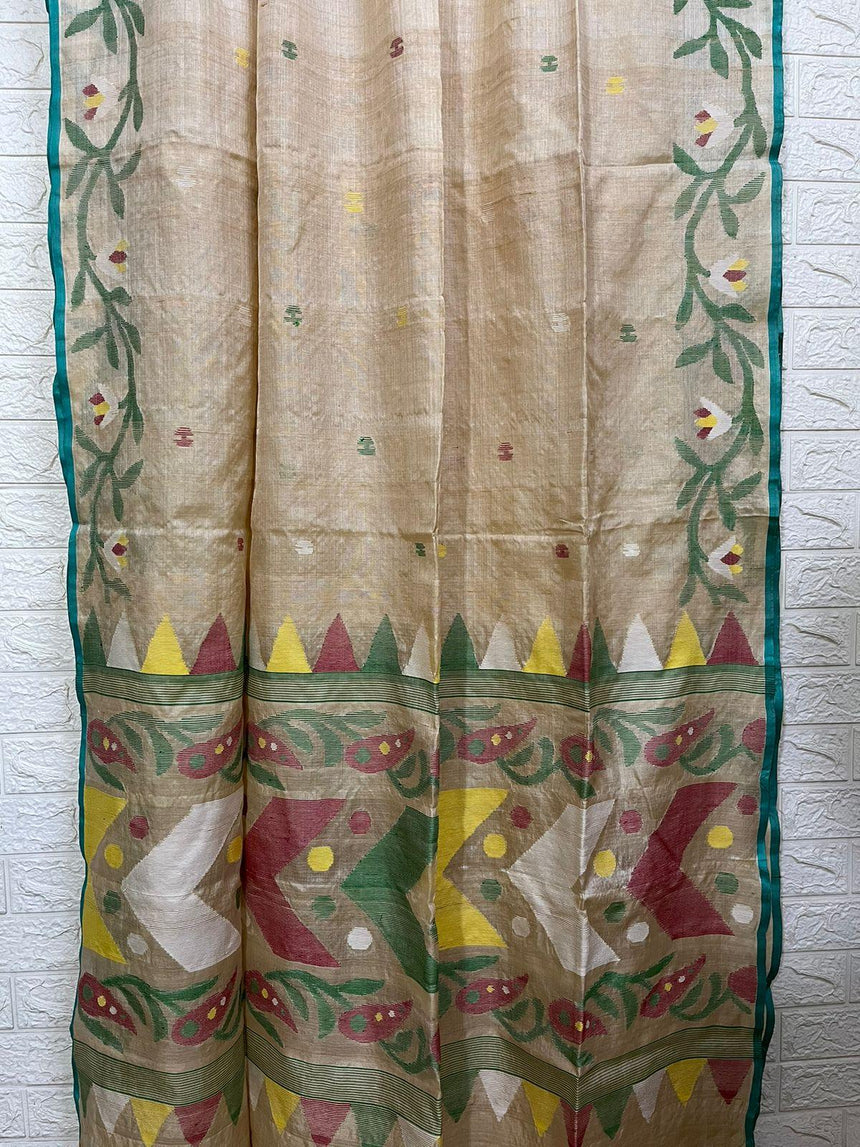 Muga with sea green floral border handwoven tussar silk saree - Tamal Boutique