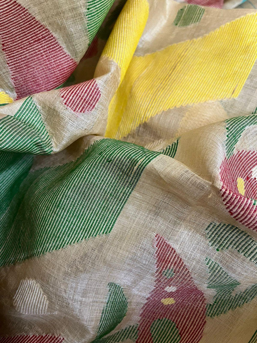 Muga with sea green floral border handwoven tussar silk saree - Tamal Boutique