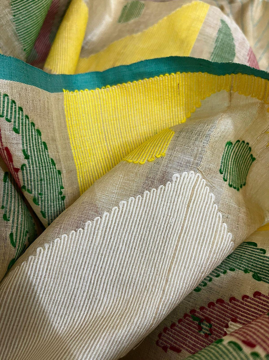 Muga with sea green floral border handwoven tussar silk saree - Tamal Boutique