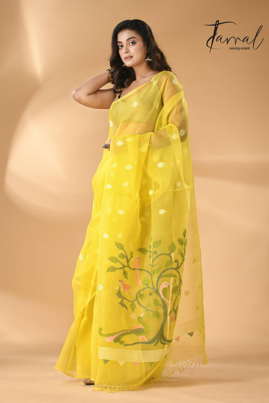 Muslin silk handwoven needlework Jamdani bright yellow saree