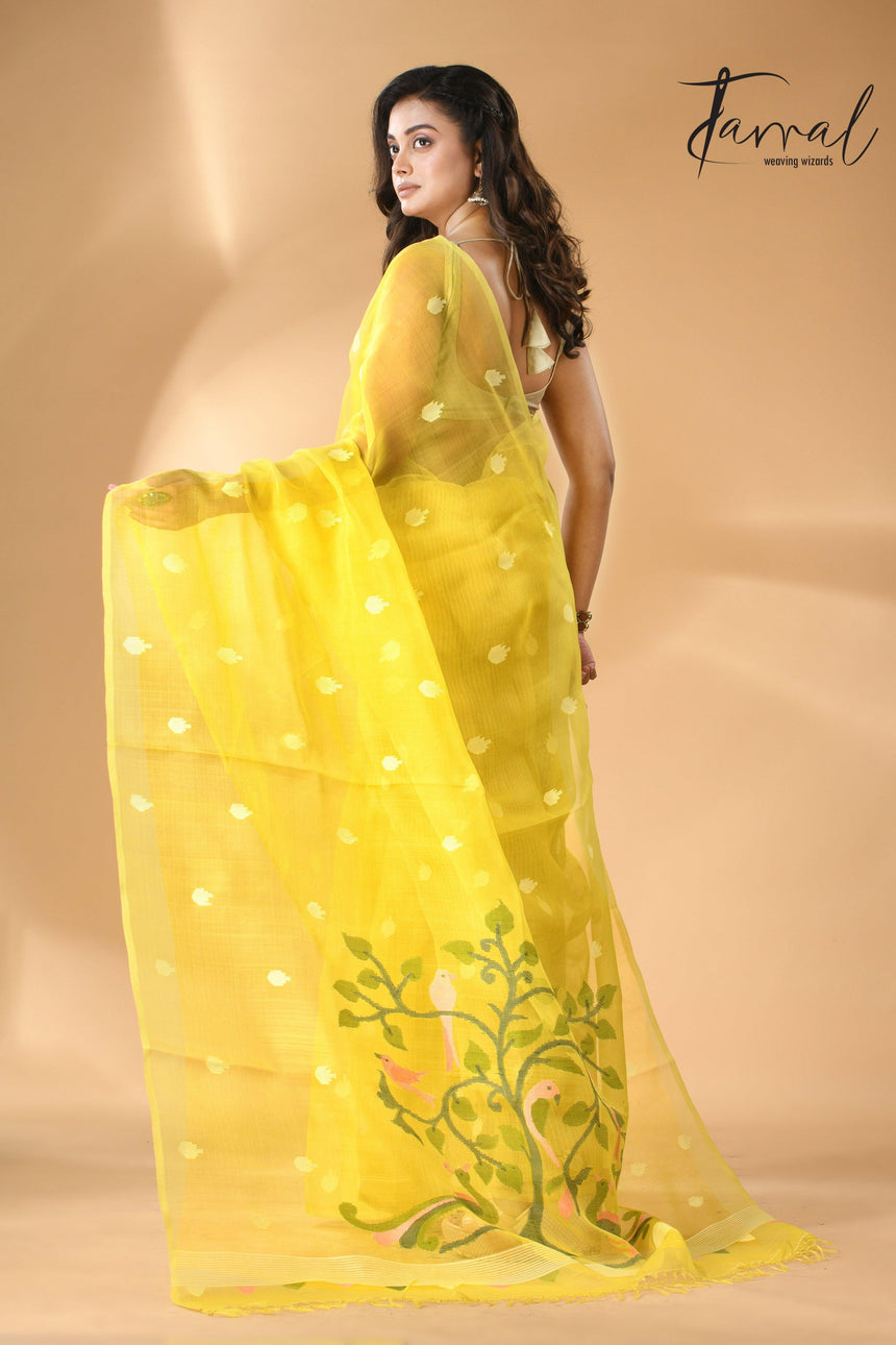 Muslin silk handwoven needlework Jamdani bright yellow saree back