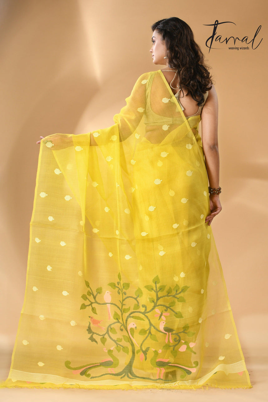 Muslin silk handwoven needlework Jamdani bright yellow saree back2