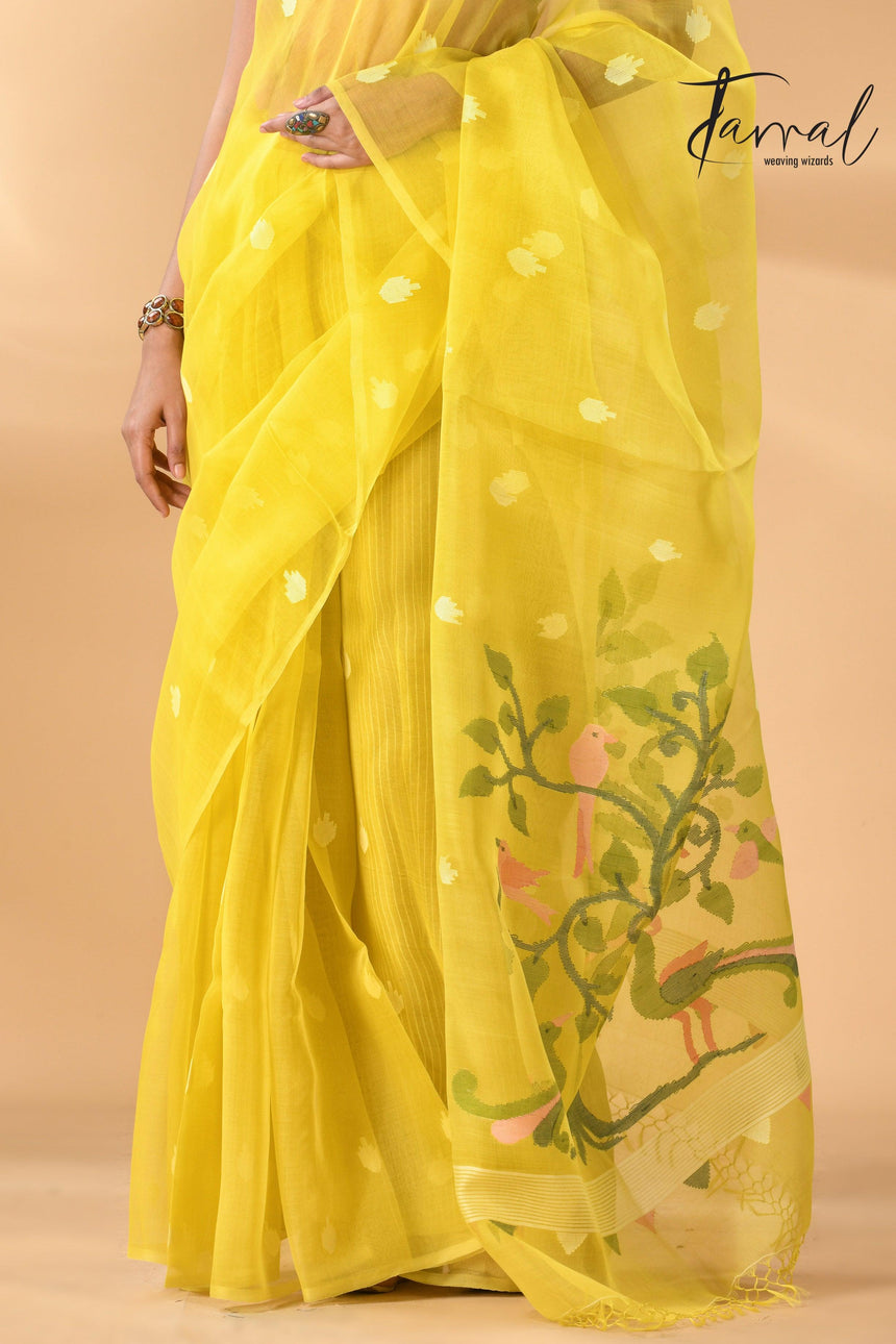 Muslin silk handwoven needlework Jamdani bright yellow saree bottom