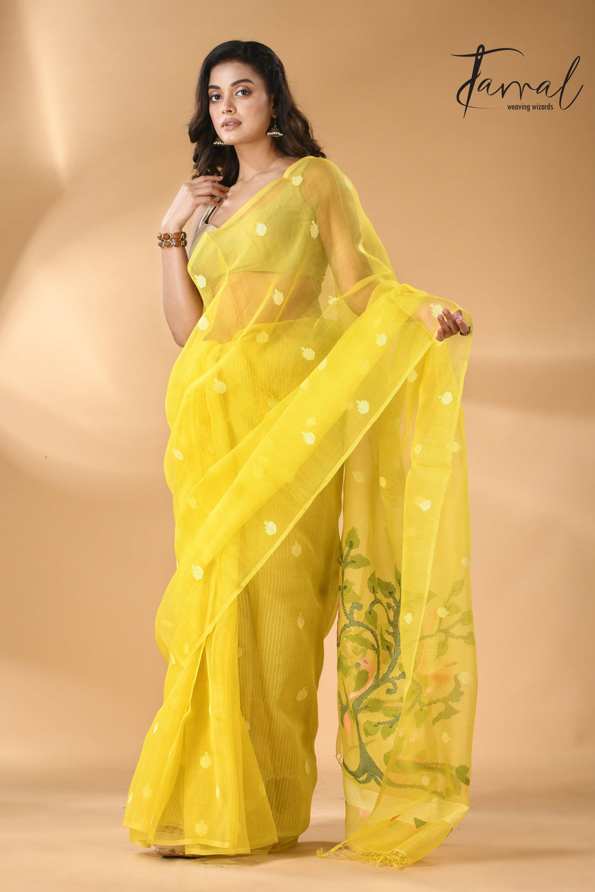 Muslin silk handwoven needlework Jamdani bright yellow saree full