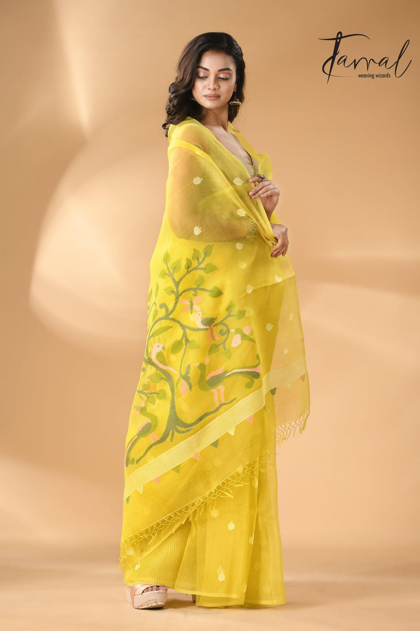 Muslin silk handwoven needlework Jamdani bright yellow saree full2