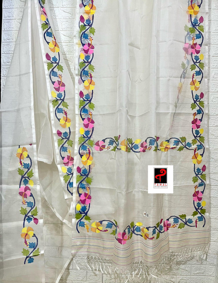 OffWhite with multi colour hibiscus handwoven muslin silk jamdani saree - Tamal Boutique