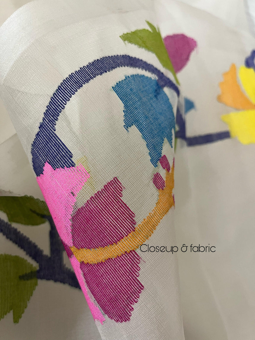 OffWhite with multi colour hibiscus handwoven muslin silk jamdani saree - Tamal Boutique