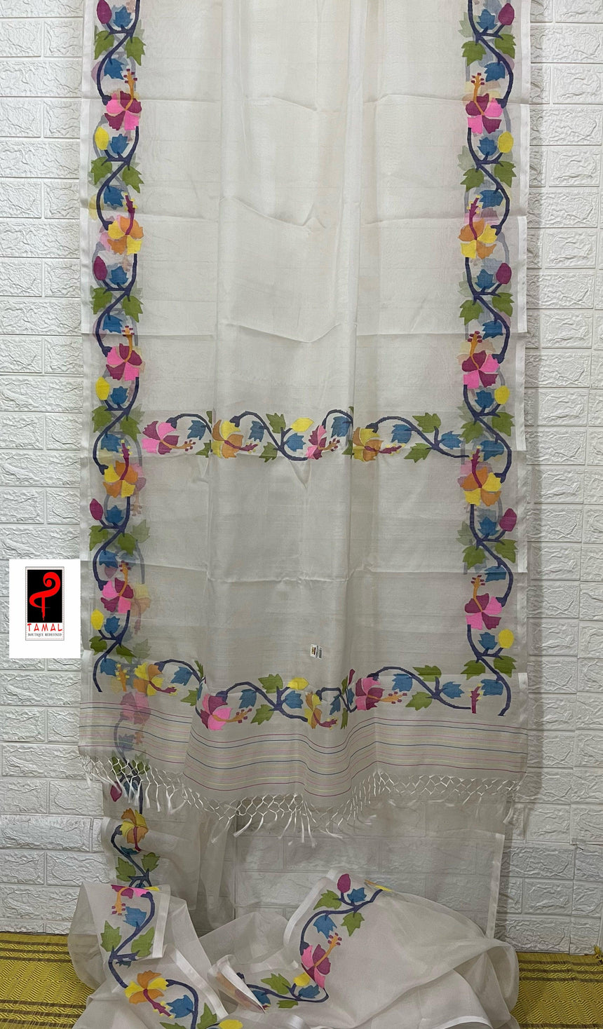 OffWhite with multi colour hibiscus handwoven muslin silk jamdani saree - Tamal Boutique