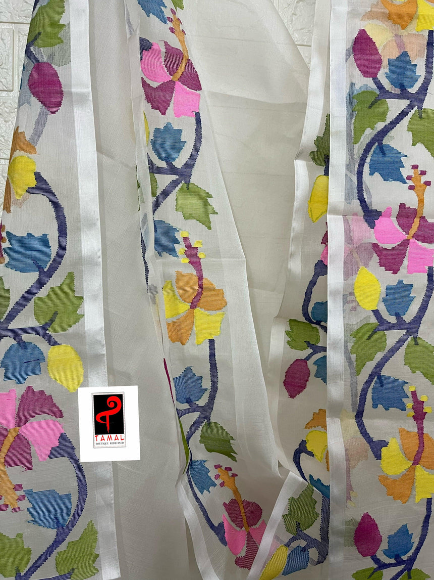 OffWhite with multi colour hibiscus handwoven muslin silk jamdani saree - Tamal Boutique