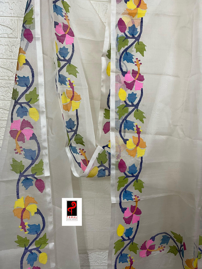 OffWhite with multi colour hibiscus handwoven muslin silk jamdani saree - Tamal Boutique