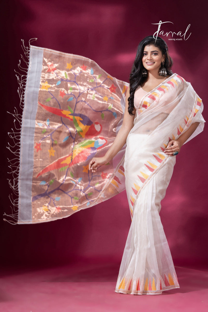Off White with Multicolor parrot paithani temple border pure muslin silk handwoven jamdani saree - Tamal Boutique