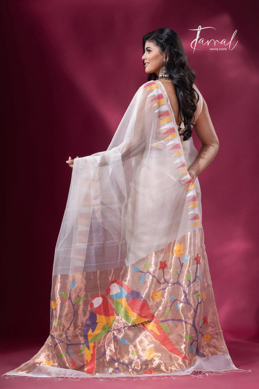 Off White with Multicolor parrot paithani temple border pure muslin silk handwoven jamdani saree - Tamal Boutique