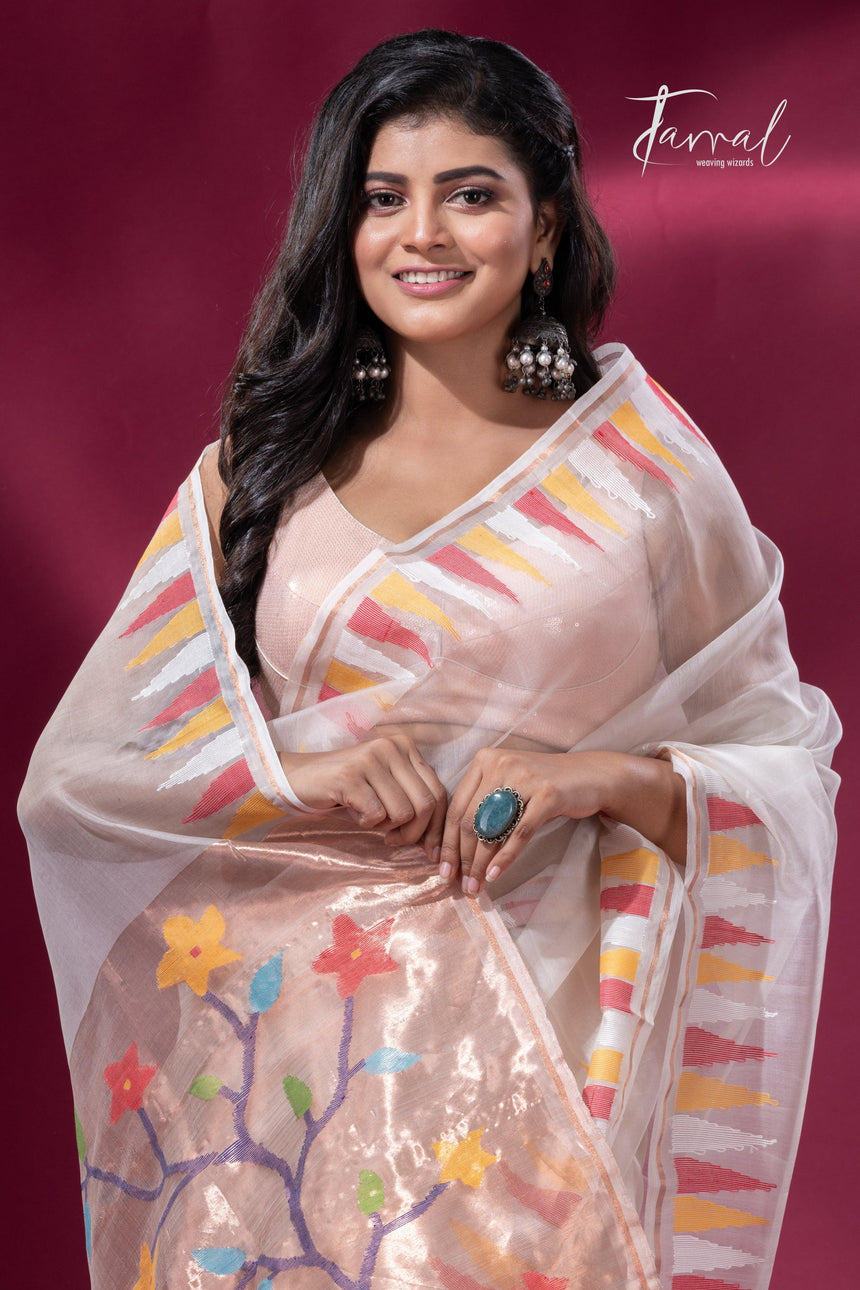 Off White with Multicolor parrot paithani temple border pure muslin silk handwoven jamdani saree - Tamal Boutique