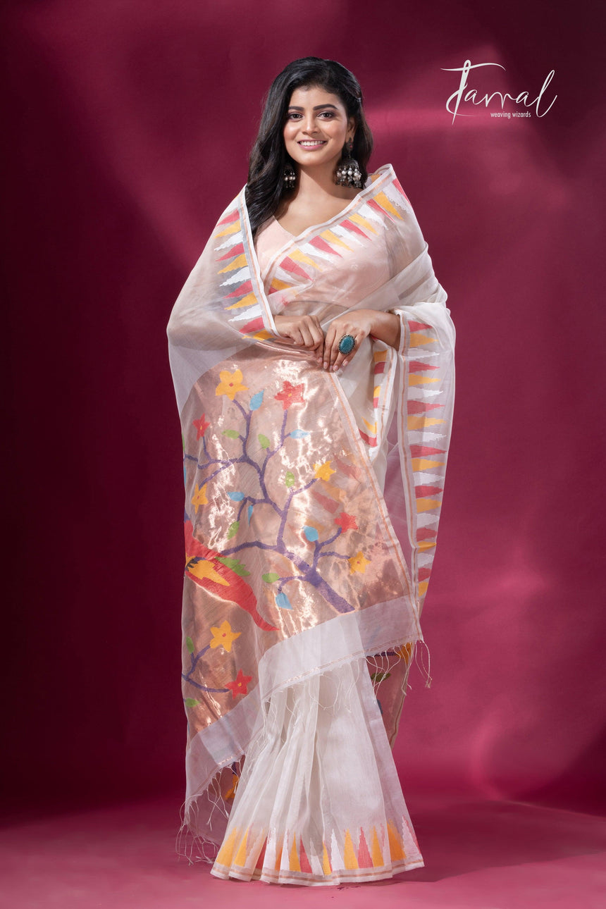 Off White with Multicolor parrot paithani temple border pure muslin silk handwoven jamdani saree - Tamal Boutique